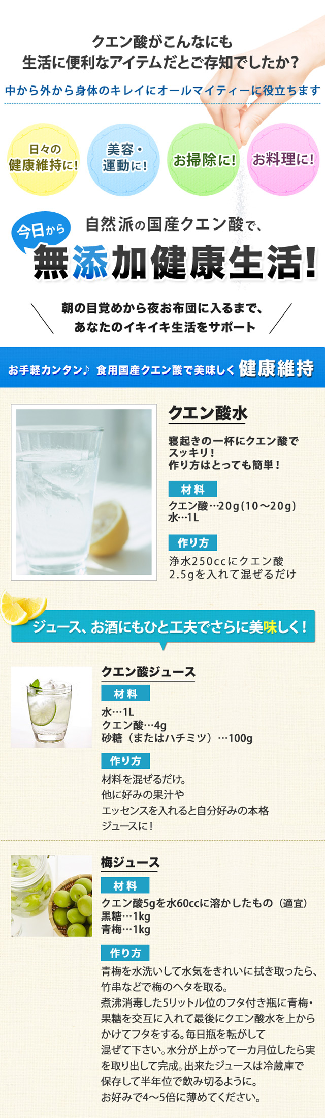 メール便送料無料 国産クエン酸800g 新容量 食品添加物 夏の熱中対策食品 アースコンシャス ストア